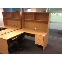 OAK L SHAPED DESK WITH HUTCH