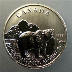 2011 CANADIAN $5.00 GRIZZLY BEAR, ONE OUNCE .9999 SILVER, NICE BU COIN