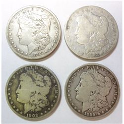 1882-CC VG, 89-S VG, 98-S VF, 02-S VG Morgan $