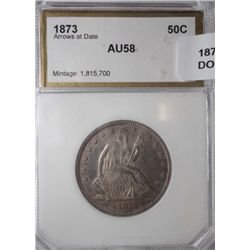 1873 ARROWS SEATED HALF DOLLAR PCI  AU-58