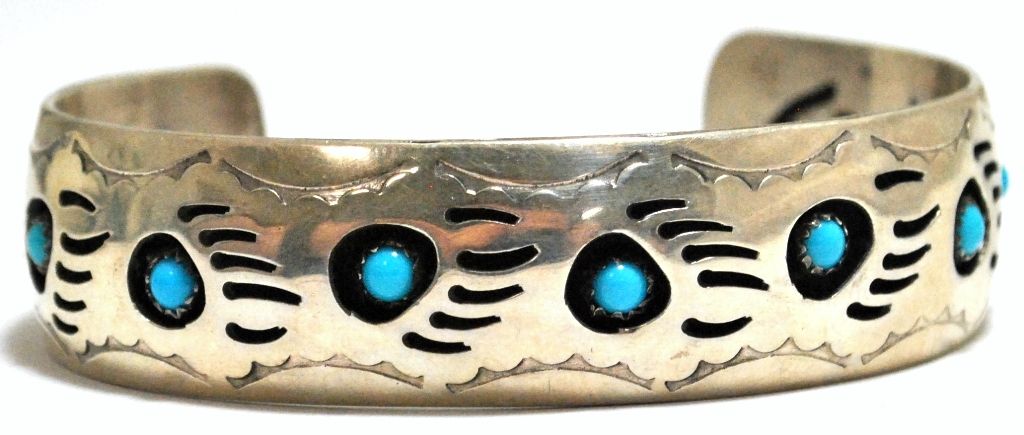Old Pawn Navajo Turquoise Bear Paw Sterling Silver Large Cuff Bracelet ...