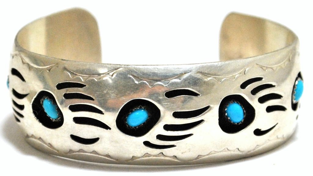 Old Pawn Navajo Turquoise Bear Paw Sterling Silver Large Cuff Bracelet ...