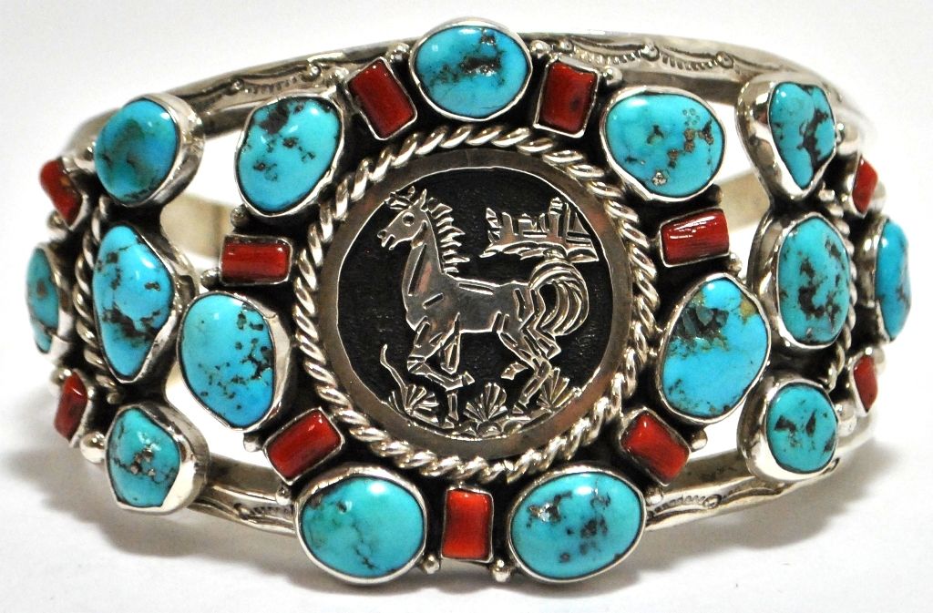 Old Pawn Coral & Turquoise Cluster Sterling Silver Horse Cuff Bracelet - R
