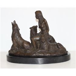 Lovely Bronze Sculpture Woman and Wolves