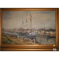 A c1928 gilt framed oil on canvas boat sce...