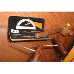 A mortice gauge, boxed drawing instruments...