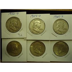 6 ASSORTED SILVER HALF DOLLARS