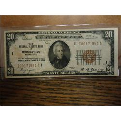 1929 US $20 NATIONAL CURRENCY MINNEAPOLIS