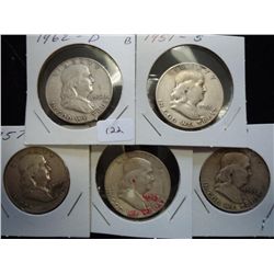 5 ASSORTED FRANKLIN HALF DOLLARS