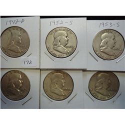 1948-D, 52-S,53-S,57,58 & 59 FRANKLIN HALF DOLLARS