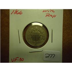 1866 WITH RAYS SHIELD NICKEL (VERY FINE)