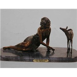 "Lady Feeding Deer" Bronze Sculpture - Chiparus