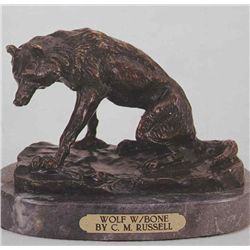 "Wolf With Bone" Bronze Sculpture - Russell