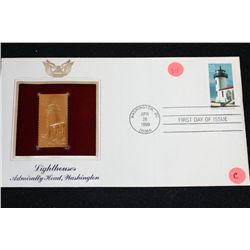 1990 First Day Issue 22K Gold Replica Stamp W/Postal Stamp; Lighthouses Admiralty Head Washington