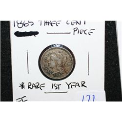 1865 US Three Cent Piece; Rare-1st Year, EF