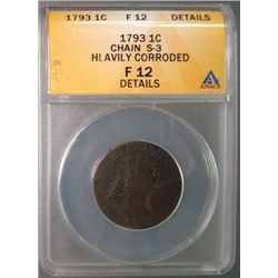 RARE!!! 1793 CHAIN large penny  ANACS F12 corroded but nice detail