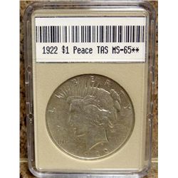 1922 Peace Dollar TAS MS-65** W/Appraisal