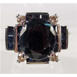 STERLING SILVER LADIES SAPPHIRE AND DIAMOND RING - SIZE 6.25