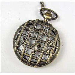 5746 - ANTIQUED BRONZE POCKET WATCH W/ BAMBOO DESIGN - 2" DIAMETER - 30" CHAIN