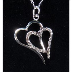 5912 - SILVER DOUBLE HEART PENDANT W/ RHINESTONES & 18" CHAIN - MARKED .925