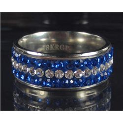 6195 - WHITE GOLD PLATED BAND RING W/ BLUE AND WHITE SWAROVSKI CRYSTALS - SZ 8