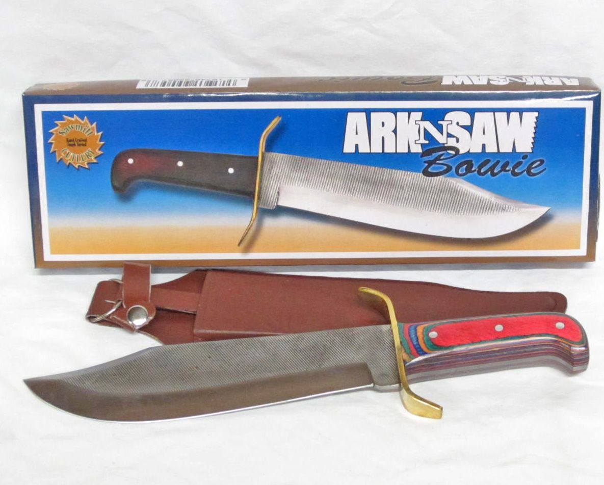 6041 SAWMILL CUTLERY ARKNSAW BOWIE KNIFE WITH MULTICOLOR WOOD HANDLE