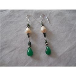 23.40 ctw Emerald and Pearl Earrings .925 Sterling