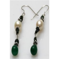 Natural 23.40ct Emerald,Pearl Earrings .925 Sterling