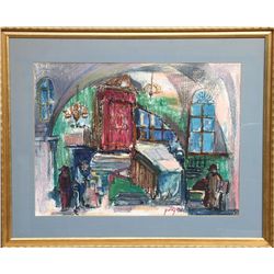 Moshe Bernstein, Synagogue Interior, Watercolor and Pastel Drawing
