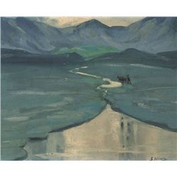 Grace Henry-WINDING RIVER WITH HORSE AND FIGURE AND MOUNTAINS BEYOND