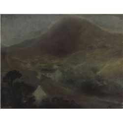 George Russell-NIGHT SCENE WITH COTTAGES AT BASE OF A MOUNTAIN