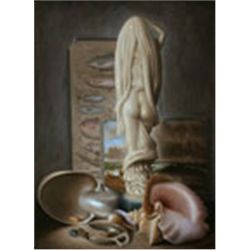 Stuart Morle-STILL LIFE WITH IVORY FIGURE AND SHELLS
