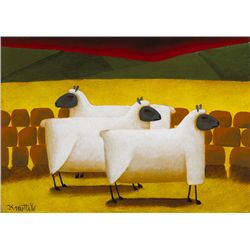 Graham Knuttel-THREE SHEEP AT SUNSET