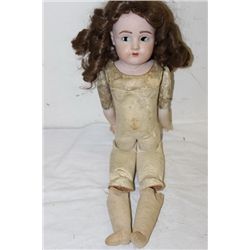 BISQUE HEAD DOLL - JOINED LEATHER BODY - 23" NEEDS REPAIR