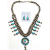 Image 1 : Navajo Turquoise Sterling Silver Squash Blossom Necklace & Earrings Set - L.F.K.