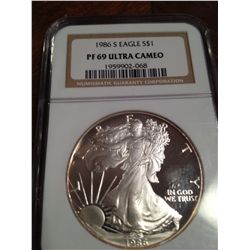 1986-S PURE SILVER AMERICAN EAGLE, NGC PF-69 ULTRA CAMEO