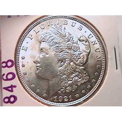 1921 MORGAN SILVER DOLLAR, AU W/YELLOW TONING