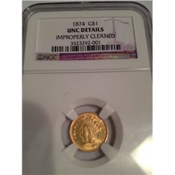RARE 1874 $1 GOLD INDIAN PRINCESS NGC UNCIRCULATED