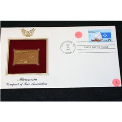 1990 First Day Issue 22K Gold Replica Stamp W/Postal Stamp; Micronesia Compact of Free Association