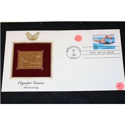 1990 First Day Issue 22K Gold Replica Stamp W/Postal Stamp; Olympic Games Swimming