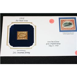 1918 22K Gold Replica First Day Issue of the Original Stamp W/Enlarged Reproduction of the Original 