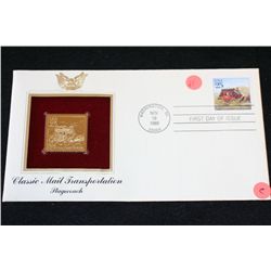 1989 First Day Issue 22K Gold Replica Stamp W/Postal Stamp; Classic Mail Transportation Stagecoach