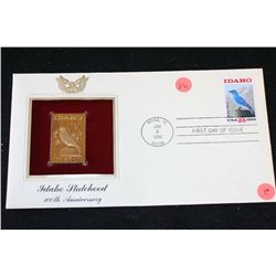 1990 First Day Issue 22K Gold Replica Stamp W/Postal Stamp; Idaho Statehood 100th Anniversary