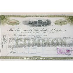 The Baltimore and Ohio Railroad Co. Stock Certificate Dated 1938