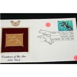 1990 First Day Issue 22K Gold Replica Stamp W/Postal Stamp; Creatures of the Sea Killer Whale