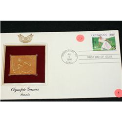 1990 First Day Issue 22K Gold Replica Stamp W/Postal Stamp; Olympic Games Tennis