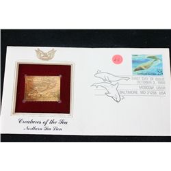 1990 First Day Issue 22K Gold Replica Stamp W/Postal Stamp; Creatures of the Sea Northern Sea Lion