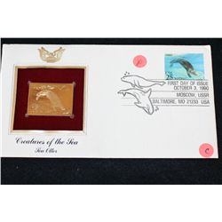 1990 First Day Issue 22K Gold Replica Stamp W/Postal Stamp; Creatures of the Sea Sea Otter