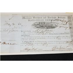 Michigan Southern and Northern Indiana Rail-Road Company Stock Certificate Dated 1862