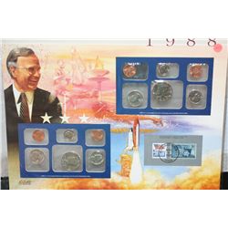 1988 US Mint Coin Set Commerating Texan George Bush Elected President W/Postal Stamps; P&D Mints, UN